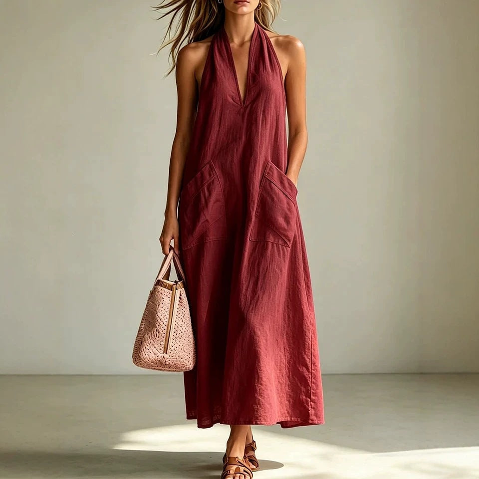 Cotton Halterneck Sleeveless Deep V-Neck Loose Straight-Line Dress FitiqueFit
