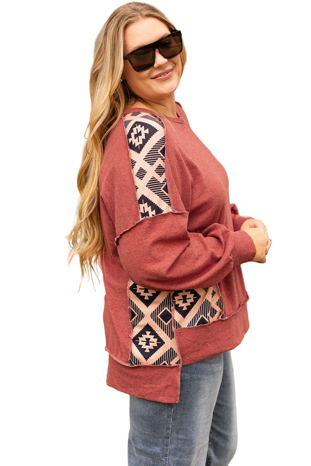 Redwood Burl Aztec Patchwork Drop Shoulder Plus Size High Low Sweatshirt Garden Naked Curves