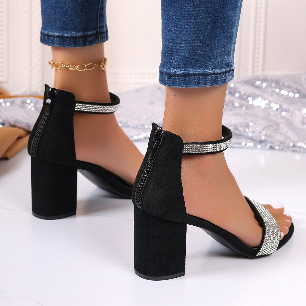 Rhinestone High Heel Sandals Summer Chunky Square Heel Sandals FitiqueFit