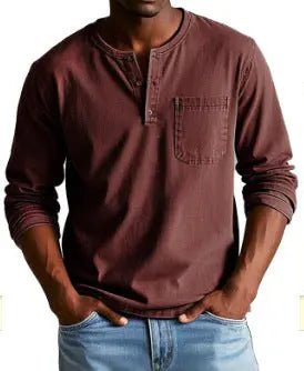 Men's V-neck Long-sleeved Pullover Top with Button Design SnagBag