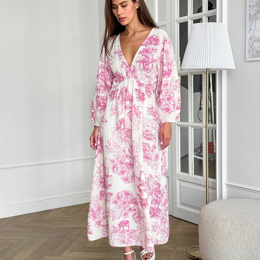 Elegant V-neck Lantern Sleeve All-matching Printed Dress Grayceful LLC