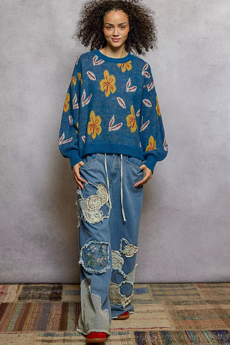 POL Floral Pattern Round Neck Balloon-Sleeve Sweater FitiqueFit
