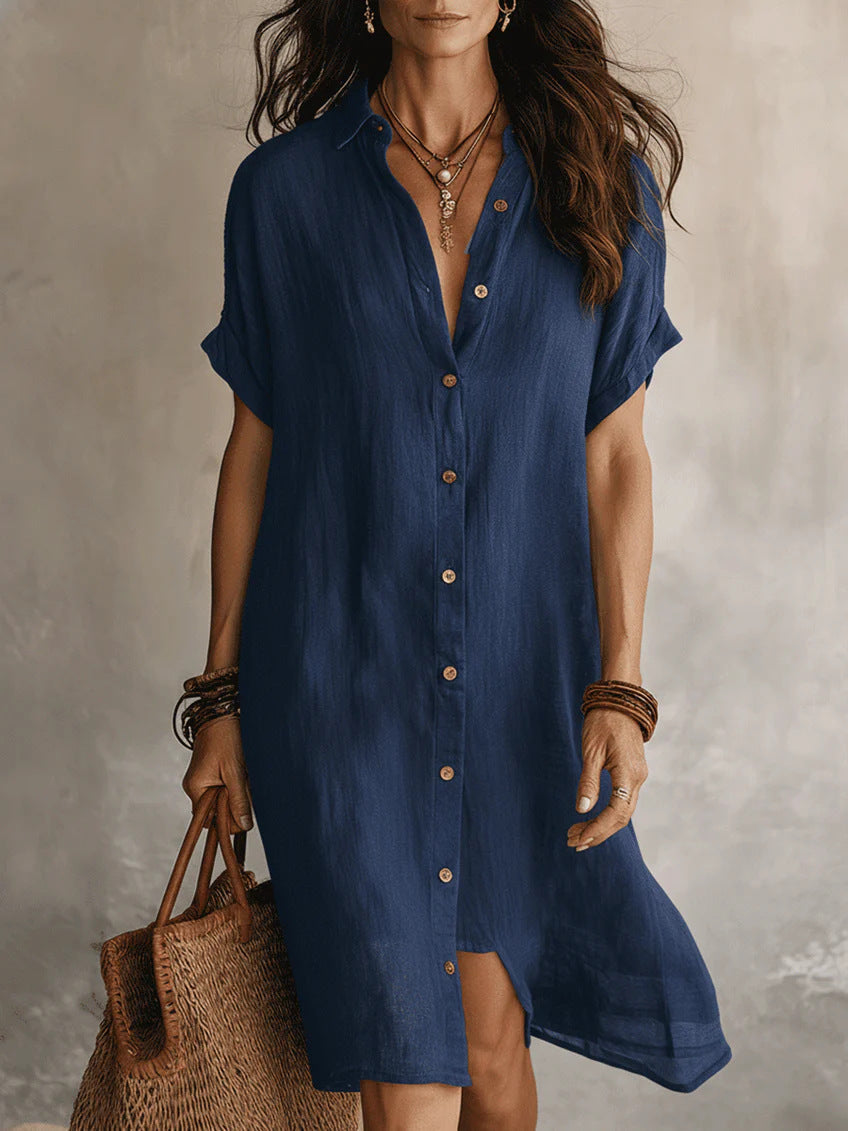 Women's Buttoned Midi Shirt Dress – Short Sleeve Cotton Linen FitiqueFit