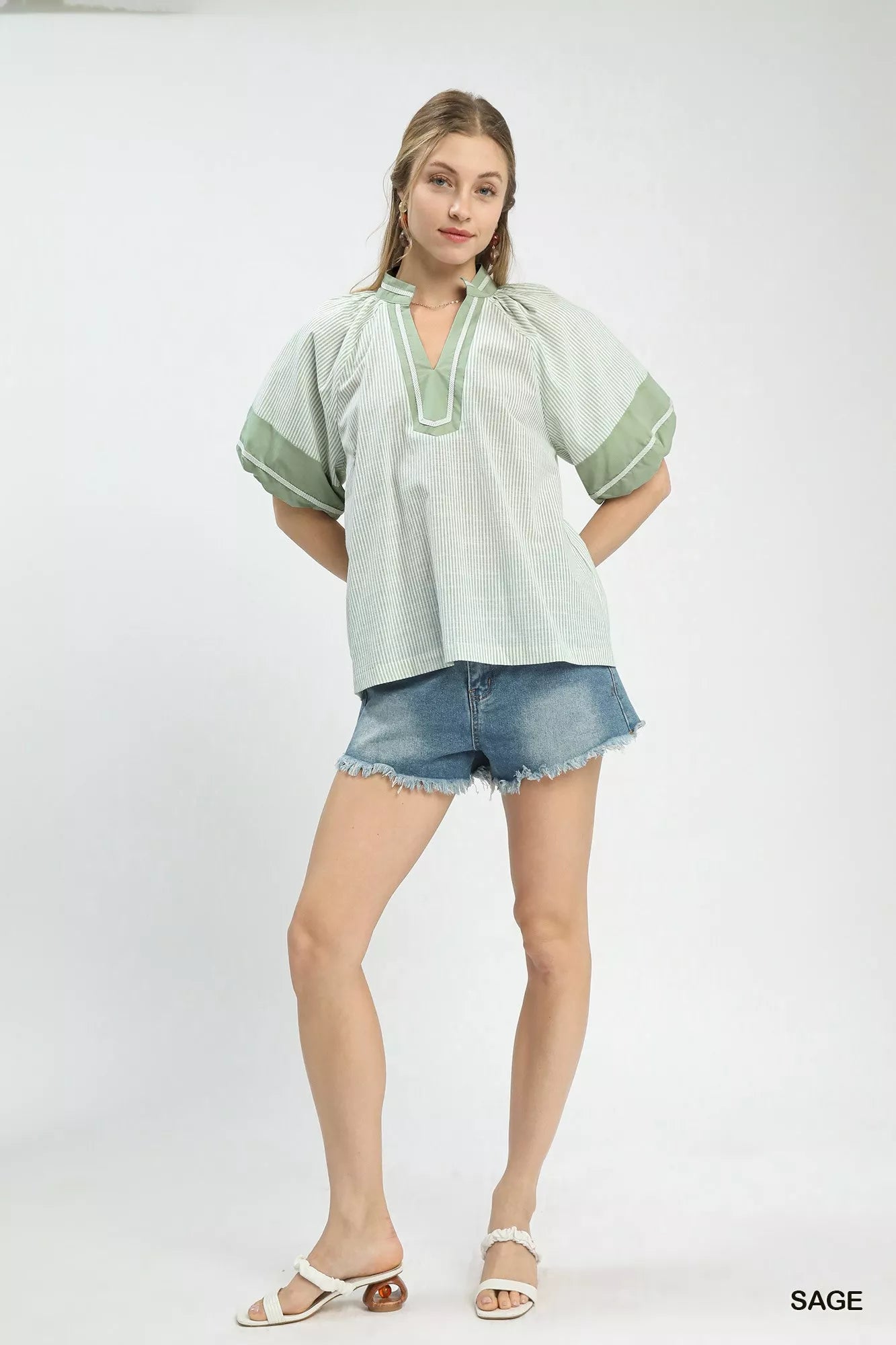 Umgee Striped Mixed Puff Sleeve Blouse Montret
