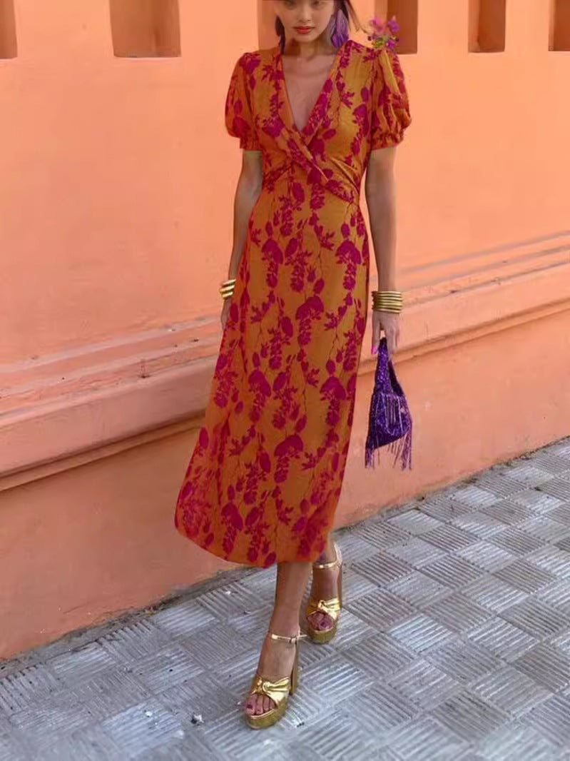 Women's Ruched Maxi Dress – V-Neck Short Sleeve, Form-Fitting Printed Elegant FitiqueFit