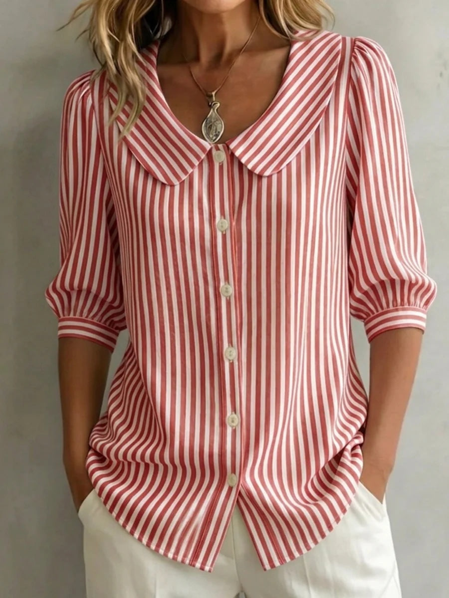 Striped V-Neck Top – Three-Quarter Sleeve Casual Shirt FitiqueFit