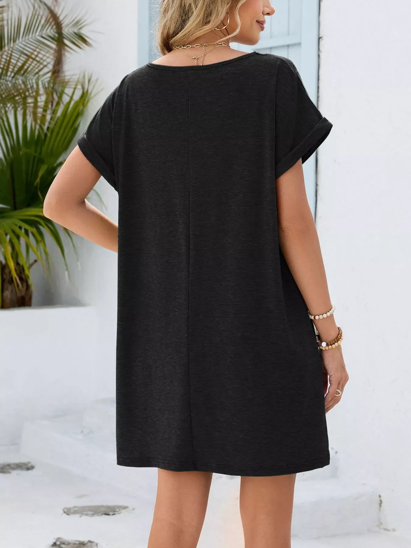 Lace Trim Notched Short Sleeve Dress New Era Fashion LLc