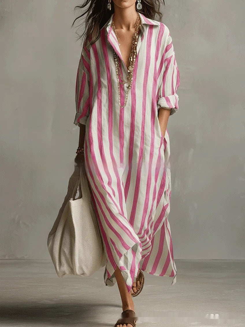 Striped Lapel Collar Dress – Side Slits & Pockets FitiqueFit