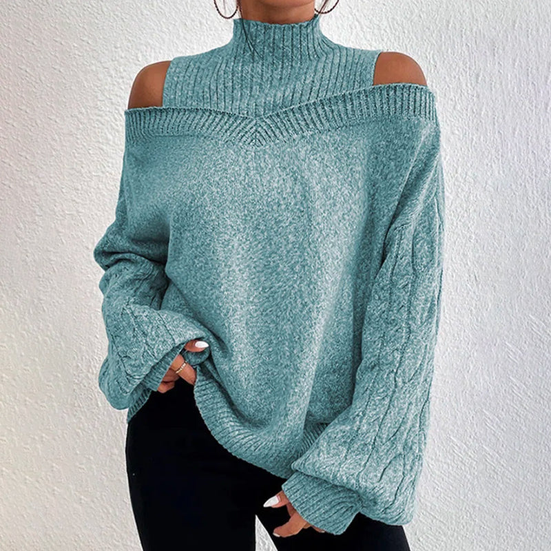 Women's Cold Shoulder Sweater - High Neck Cut Out Pullover Long Sleeve FitiqueFit