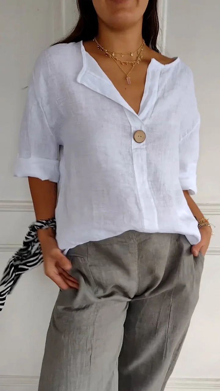 Women's V-Neck Long-Sleeve Button Top – Loose Fit Casual Blouse FitiqueFit
