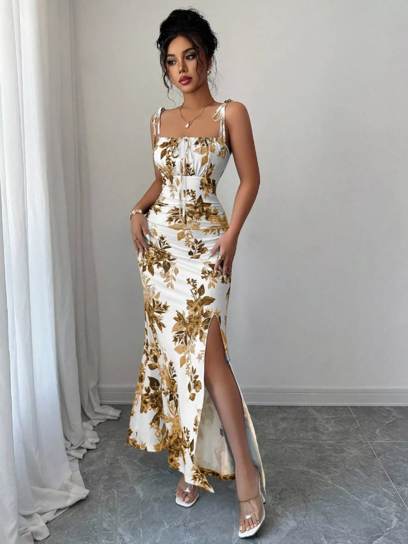 Printed Tie Strap Slit Maxi Dress New Era Fashion LLc