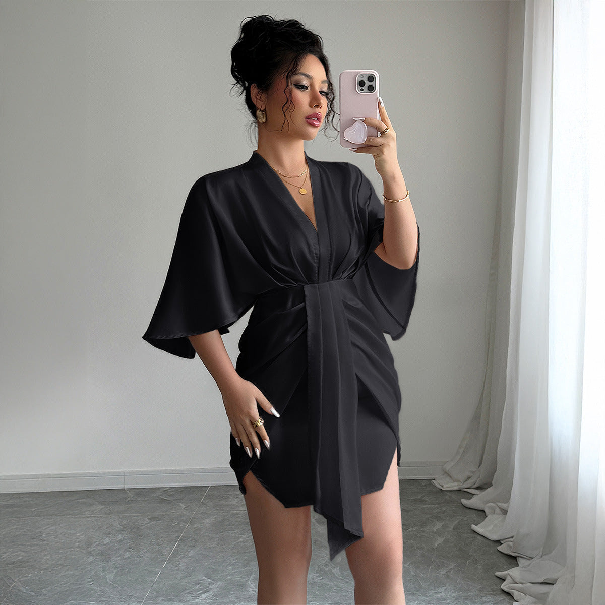 High-end Simple Style Deep V Waist Wide Sleeve Hip Skirt Dress Grayceful LLC
