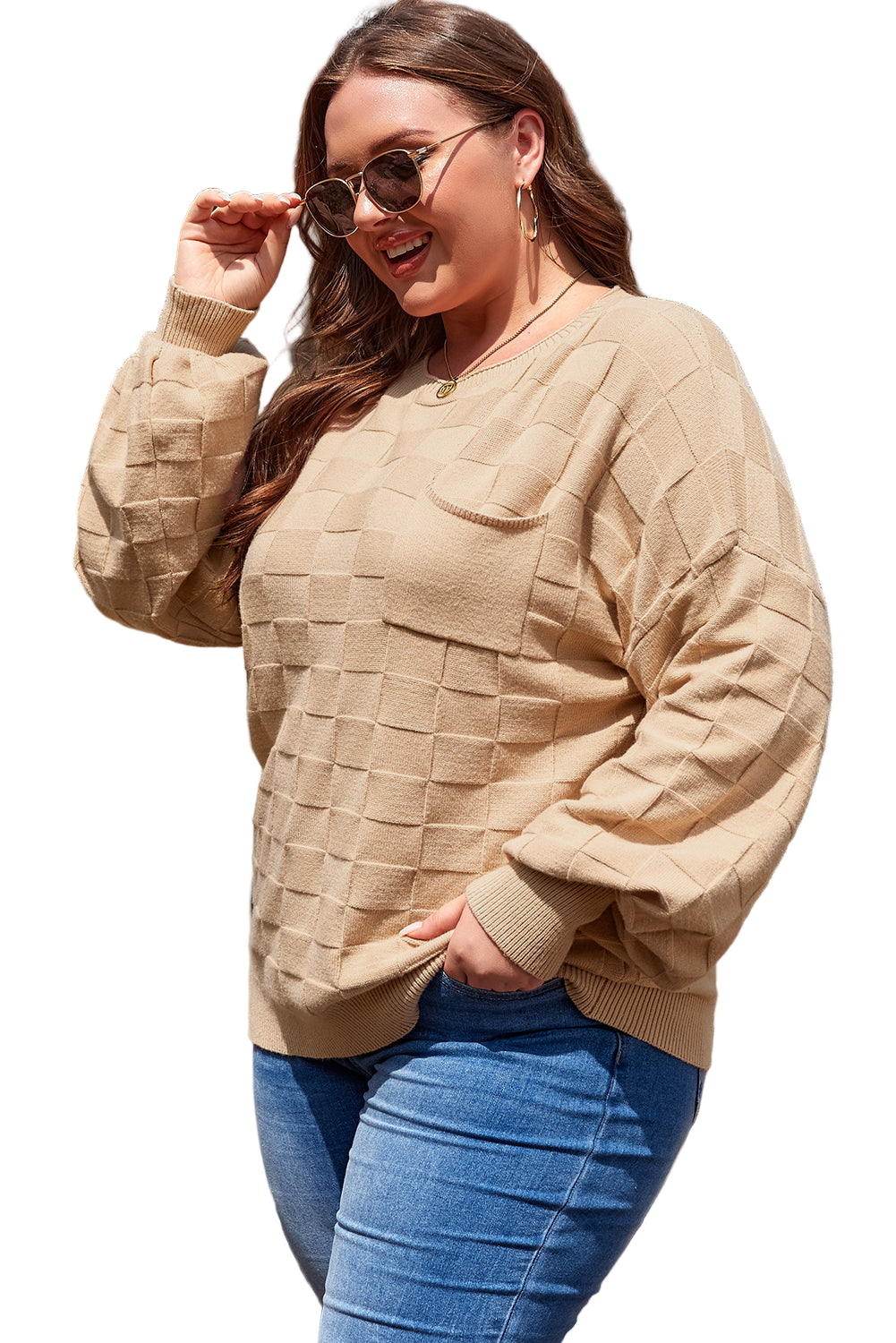 Rose Tan Solid Checkered Textured Knit Plus Size Sweater Garden Naked Curves