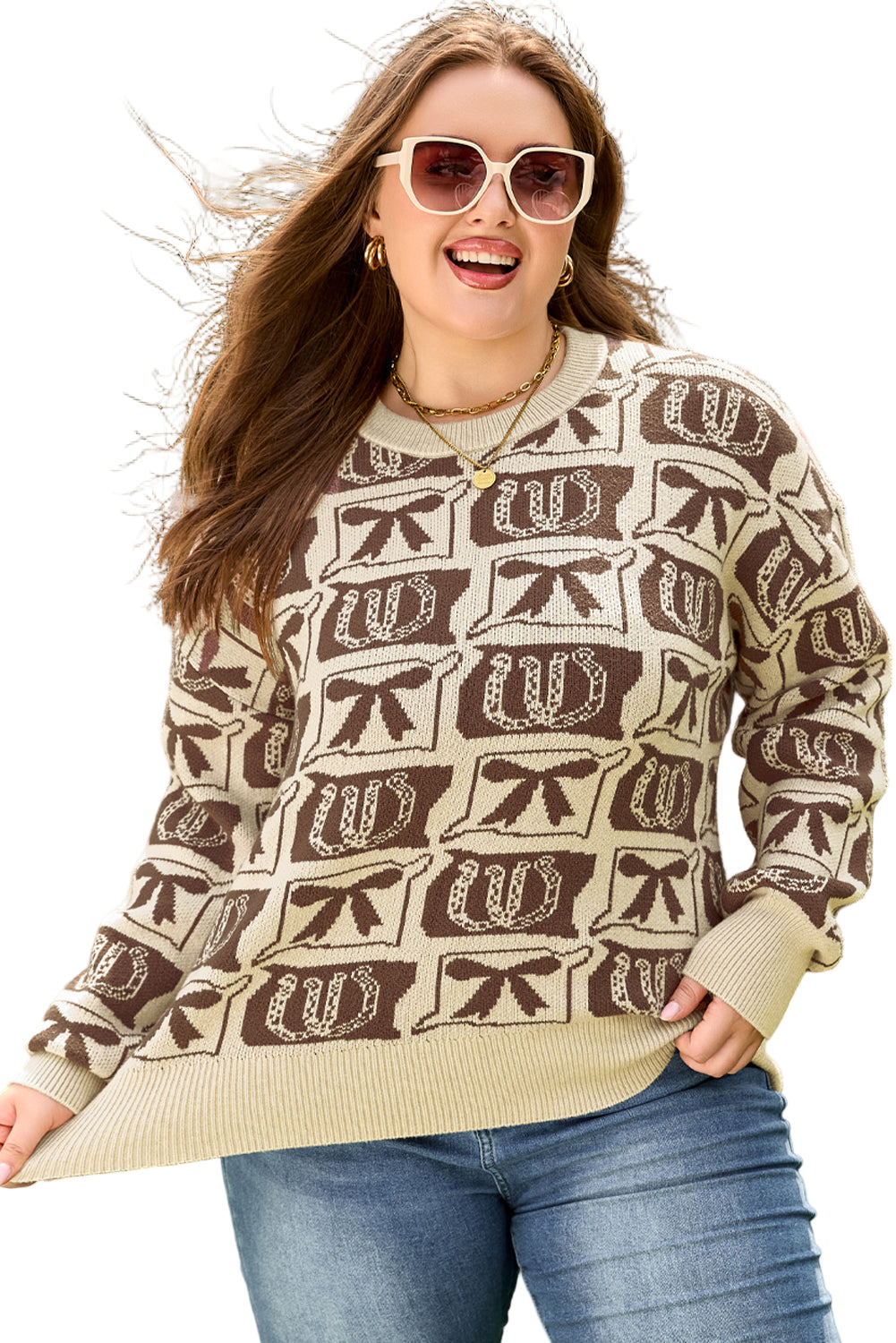 Brown Bow Horseshoe Print Checkered Plus Size Sweater Garden Naked Curves