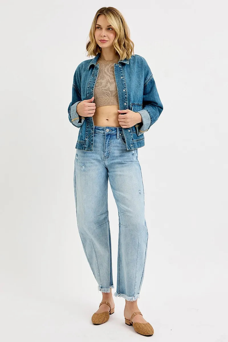 RISEN Oversized Cargo Pocket Denim Jacket with Cuffed Sleeves West2East Surf