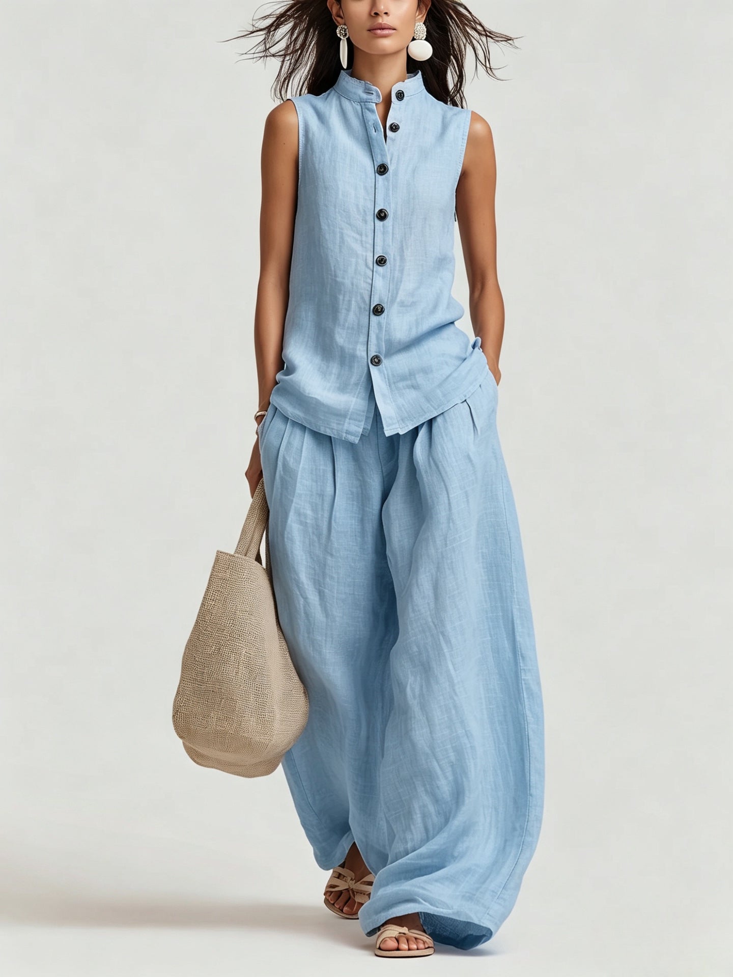 Women's Cotton-Linen Sleeveless Crewneck Vest & Pants Set FitiqueFit