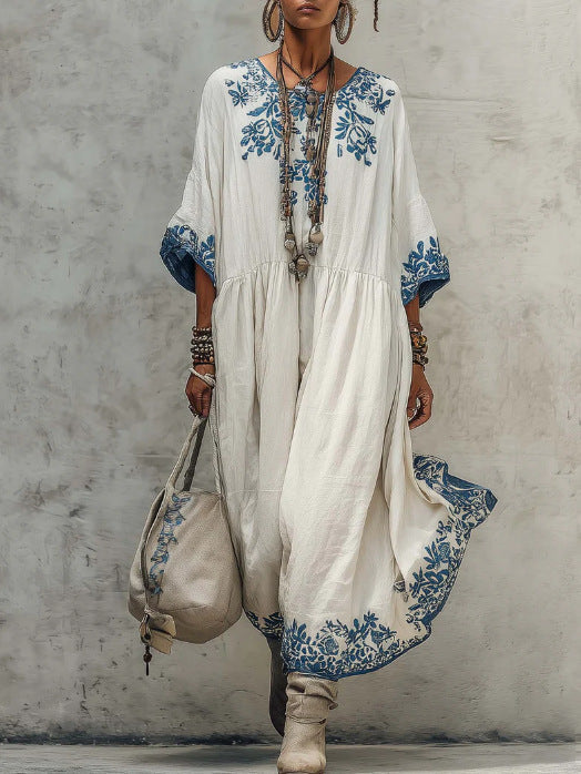 Women's Printed Batwing Sleeve Midi Dress – Loose Fit Linen Blend FitiqueFit