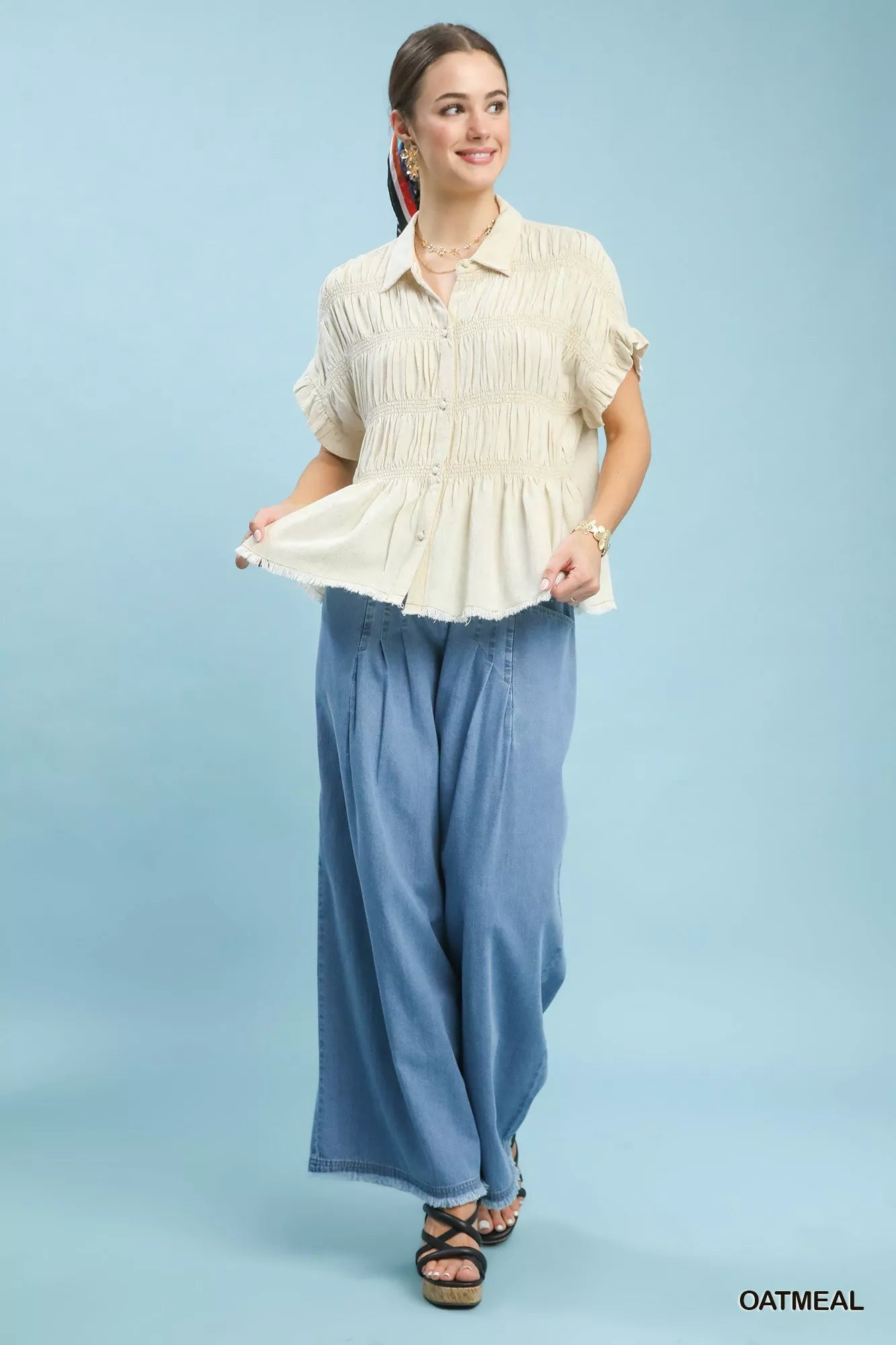 Umgee Washed Linen Blend Smocked Shirt Montret