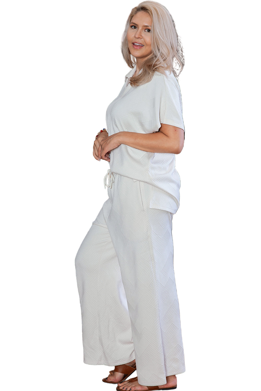 Beige Plus Size Textured Collared Top and Pants Set Garden Naked Curves