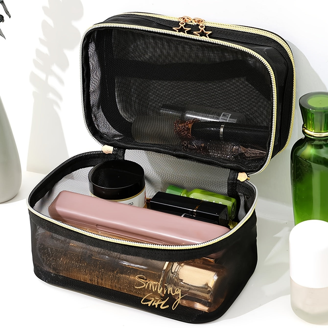 Double Layer Makeup Clear Mesh Purse Toiletry Cosmetic Bags Womens Portable Organizer Travel Size Beach Tote, Zipper Makeup Storage Vacation Must Haves NovaCart