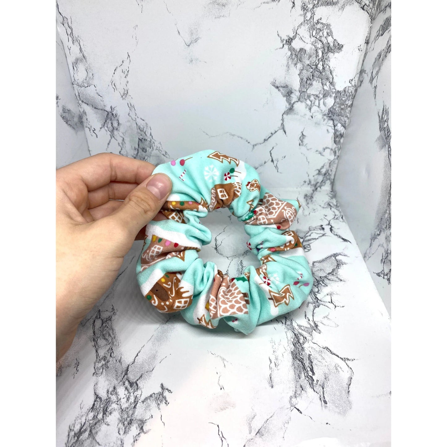 Mini Blue Gingerbread House Christmas Scrunchie Enchanted Scrunch