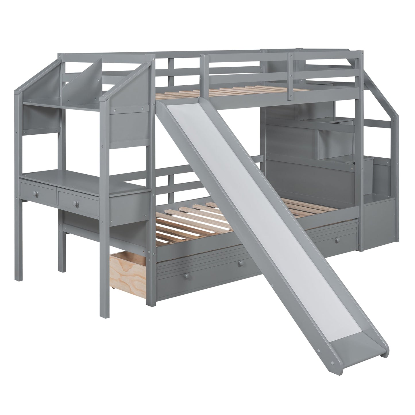Twin over Twin Bunk Bed with Storage Staircase, Slide and Drawers, Desk with Drawers and Shelves Gray