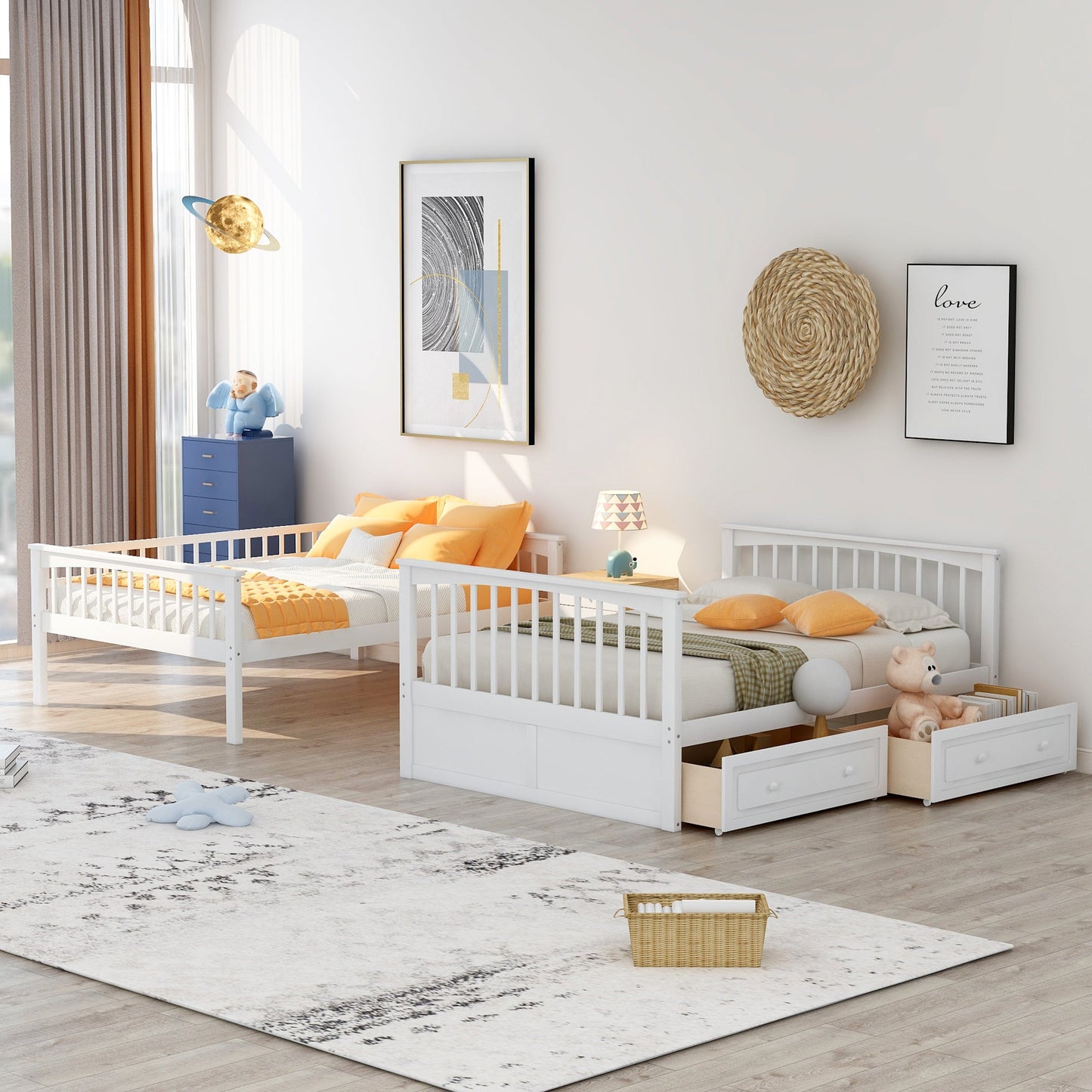 Full over Full Bunk Bed with Drawers Convertible Beds White