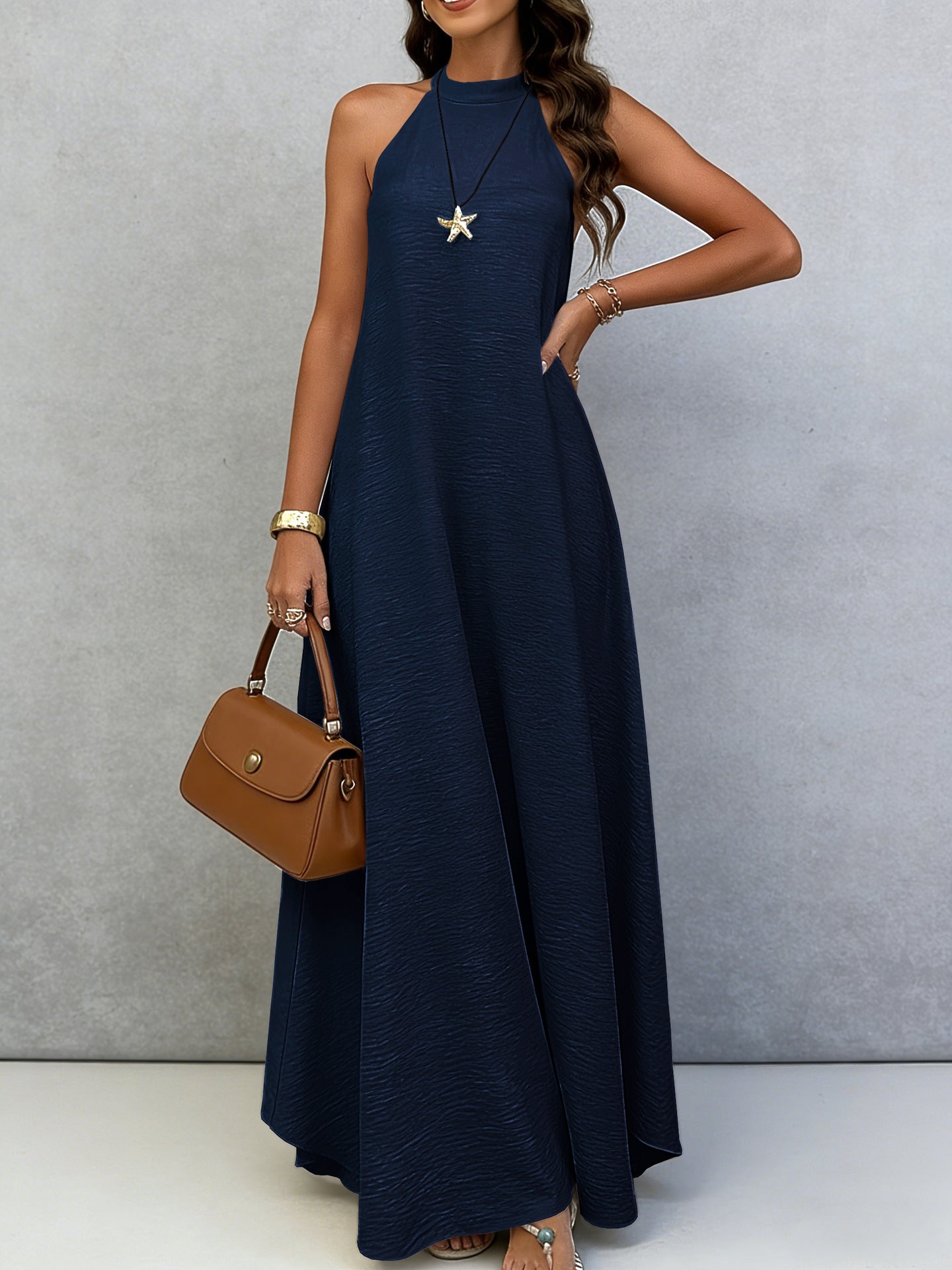 Women's Ice Silk Crinkle Sleeveless Swing Maxi Dress FitiqueFit
