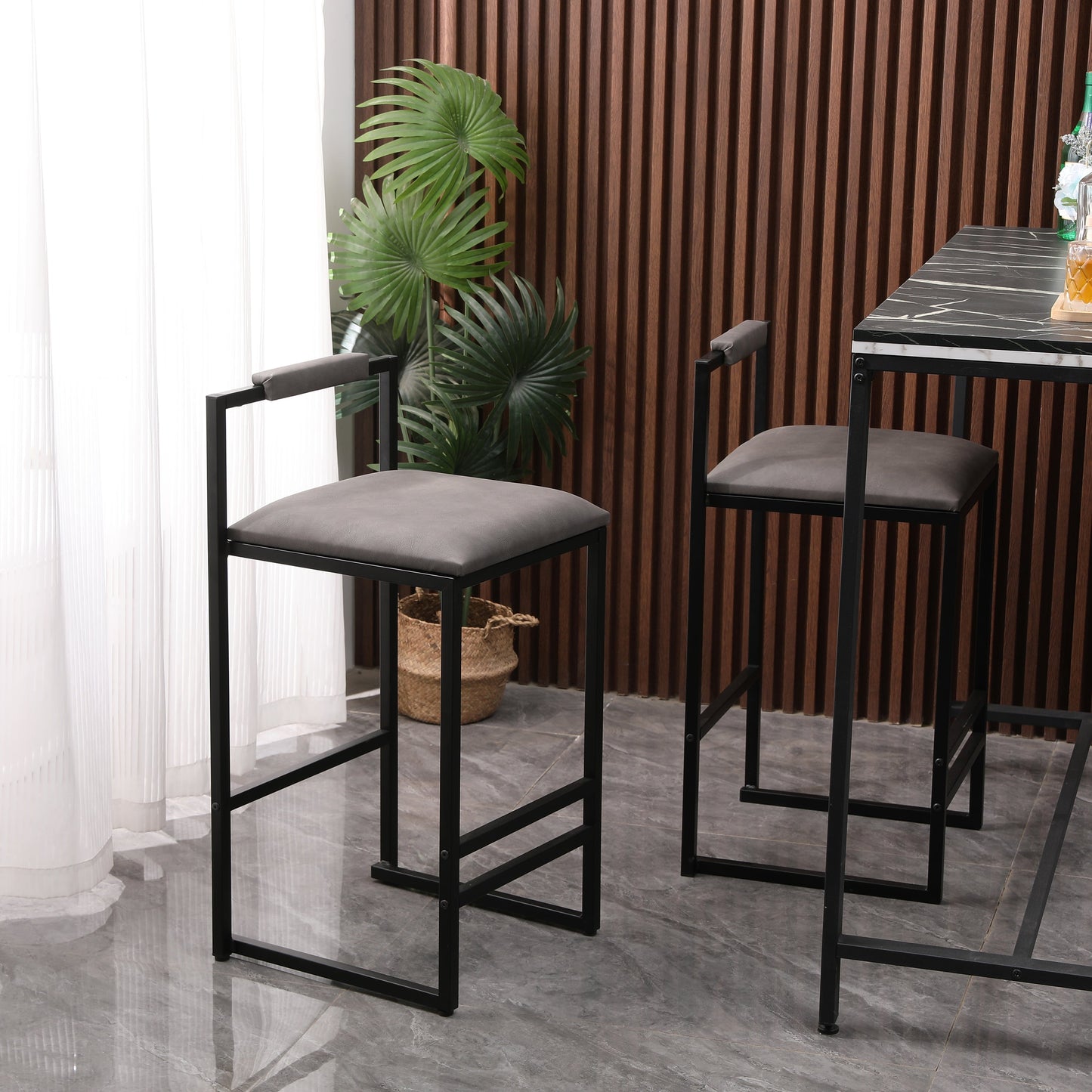Set of 2 Counter Height Barstools Kitchen Island Stools (Gray with Back)
