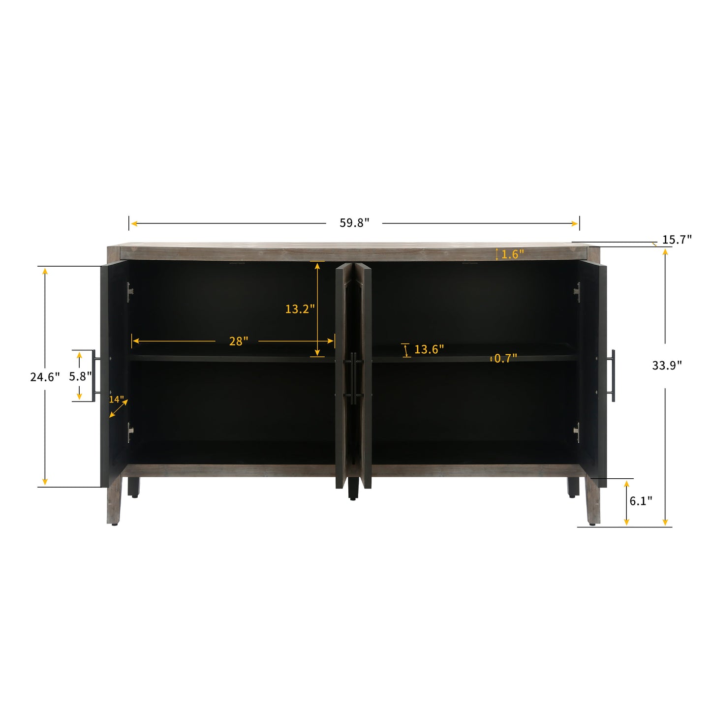 4 Door Wooden Twill Sideboard American Country Vintage Old Living Room Dining Room Hallway Entryway Cabinet (Brown) V.I.P Digital Presence