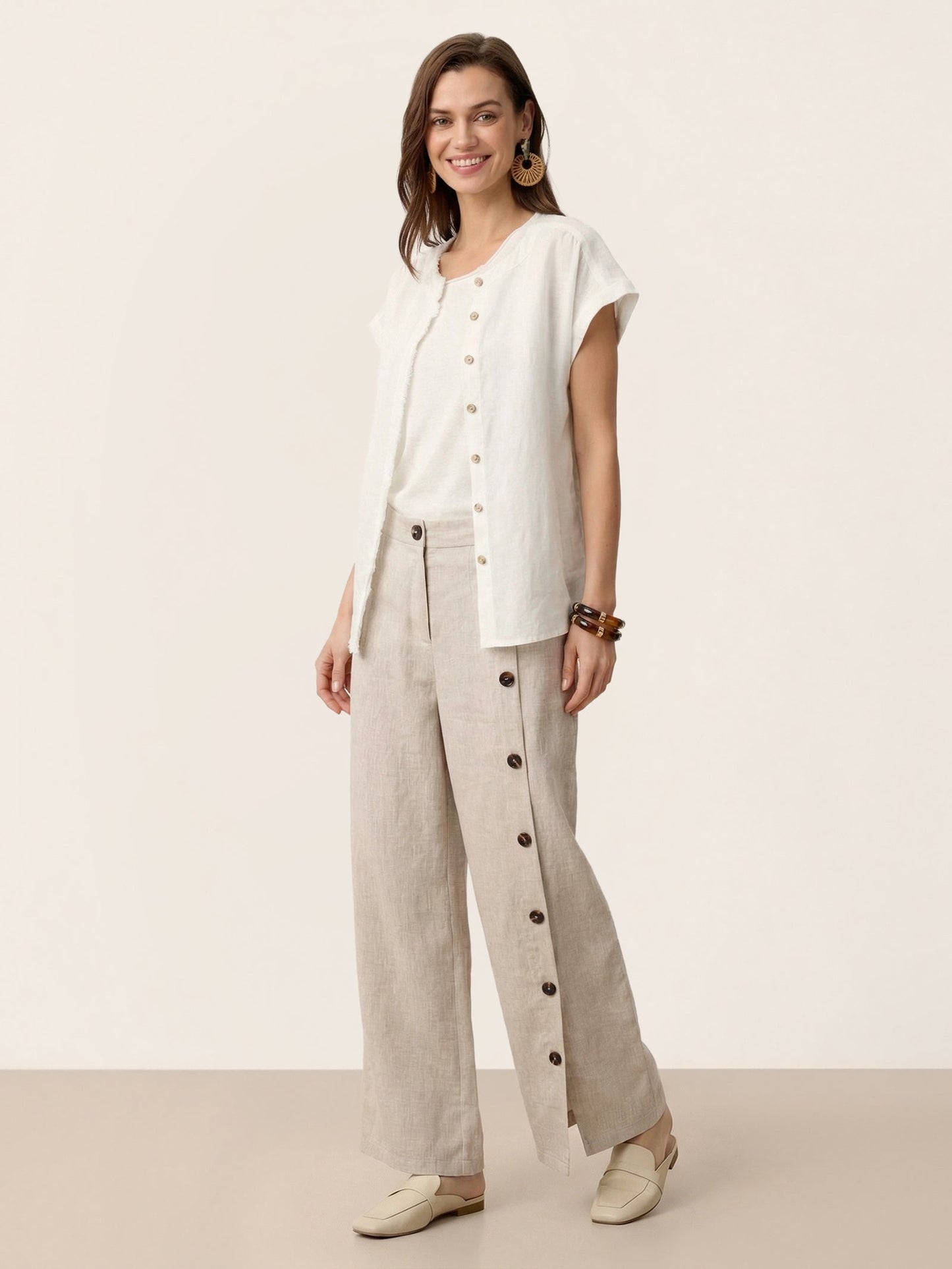 100% Linen Frayed-Trim Drop-Shoulder Top INDIRA LINTICO
