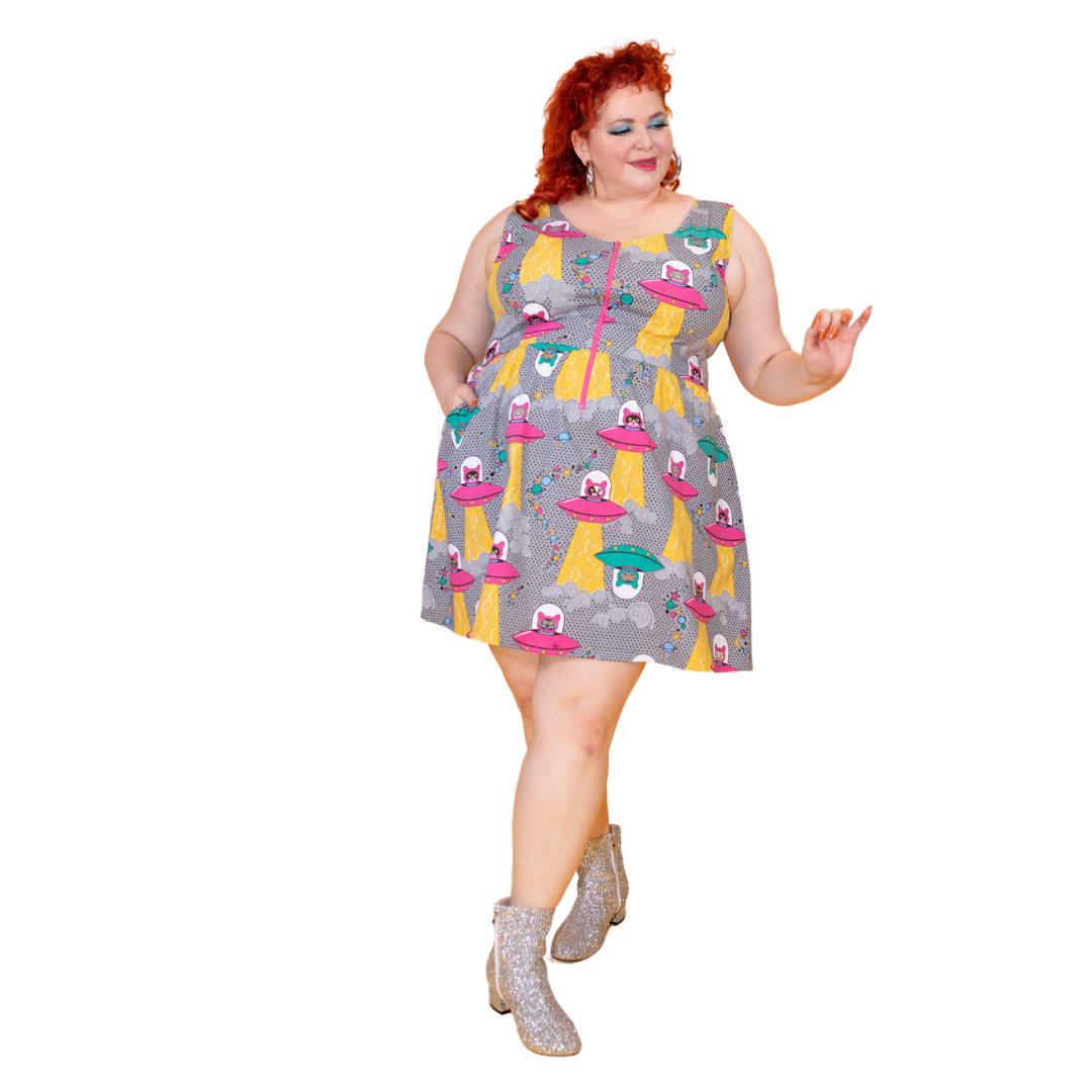 Cats in Space Print Fit & Flare Midi Dress in Asteroid Field Blue Platypus Clothing