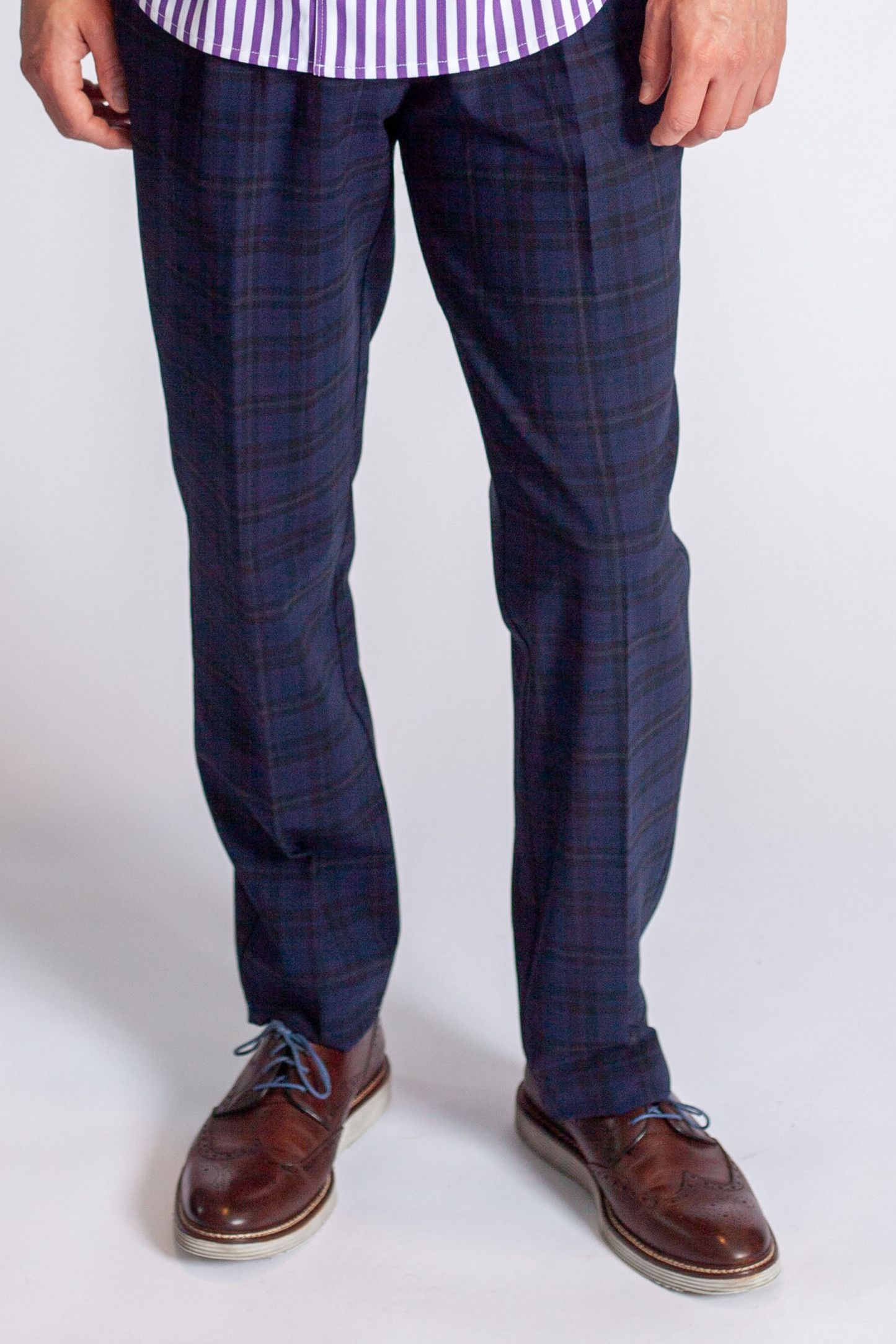 Pleated Wool Trouser Pants - Navy Plaid Buki