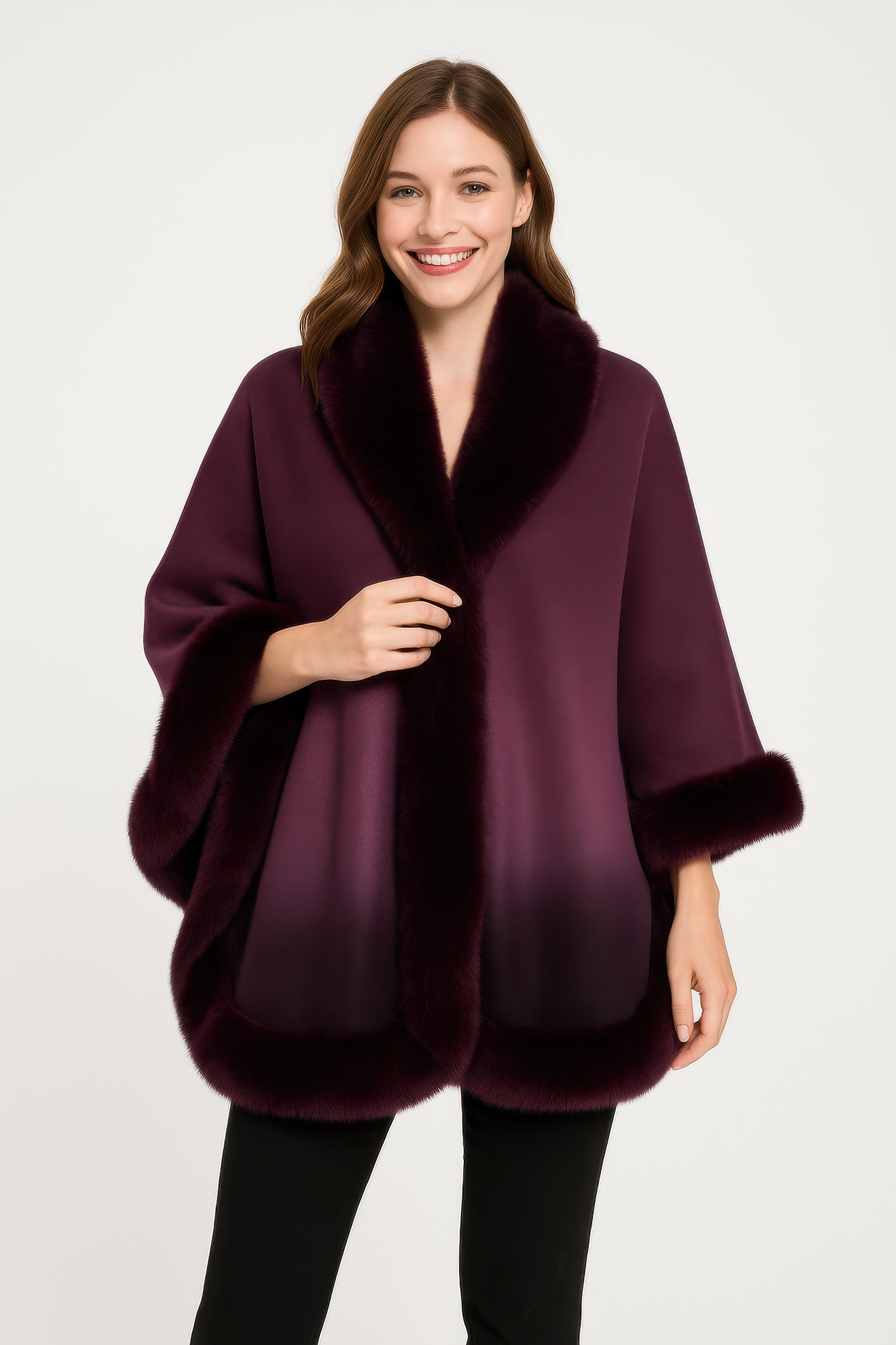 Ombre Faux Fur Trim Cape Wrap See size chart under “more details” The Fashion Celestial