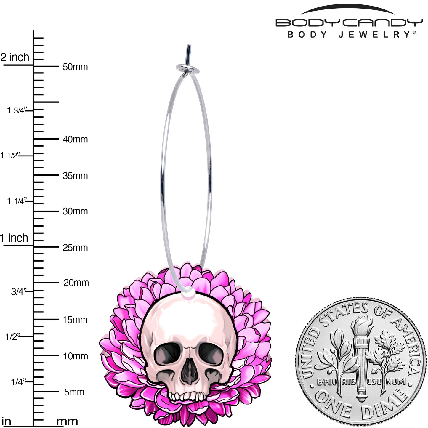 Blooming Pink Flower Skull Hoop Earrings by Onyx O BodyCandy