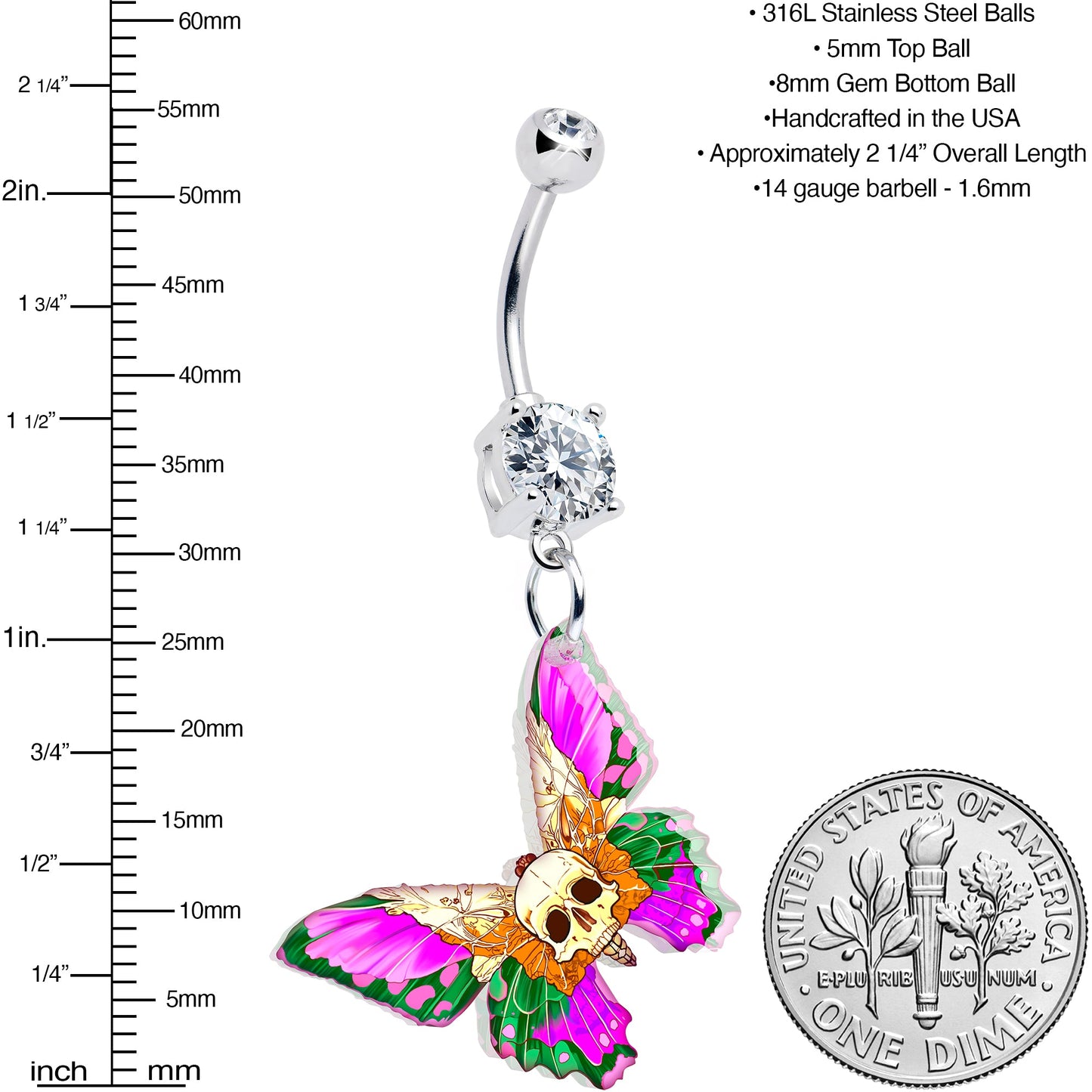 Clear Gem Butterfly Skull Dangle Belly Ring by Onyx O BodyCandy