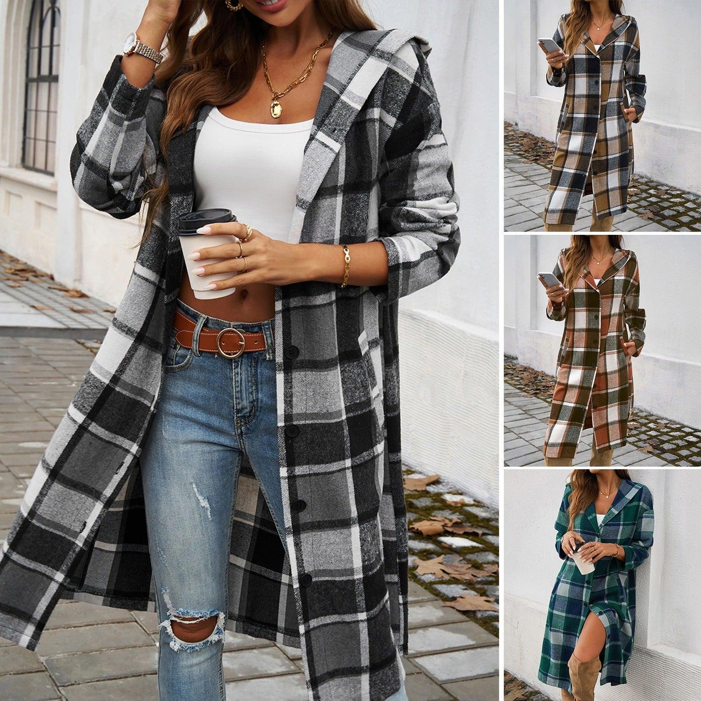 Contrasting Color Hooded Jacket – Stylish Cowgirl Outerwear with Checkered Pattern Country in My Heart