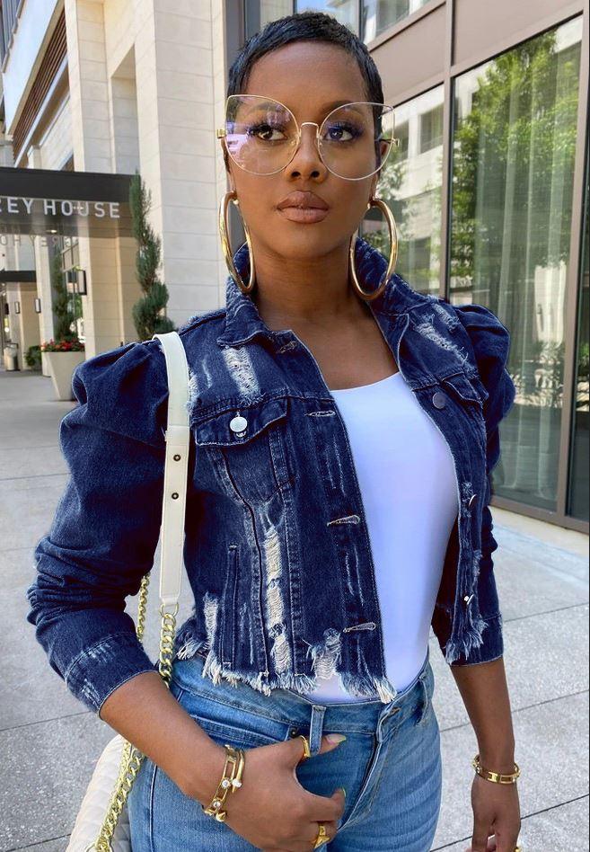 Chic Distressed Denim Puffy Sleeves Jacket – Fashionable Cropped Jean Jacket Country in My Heart