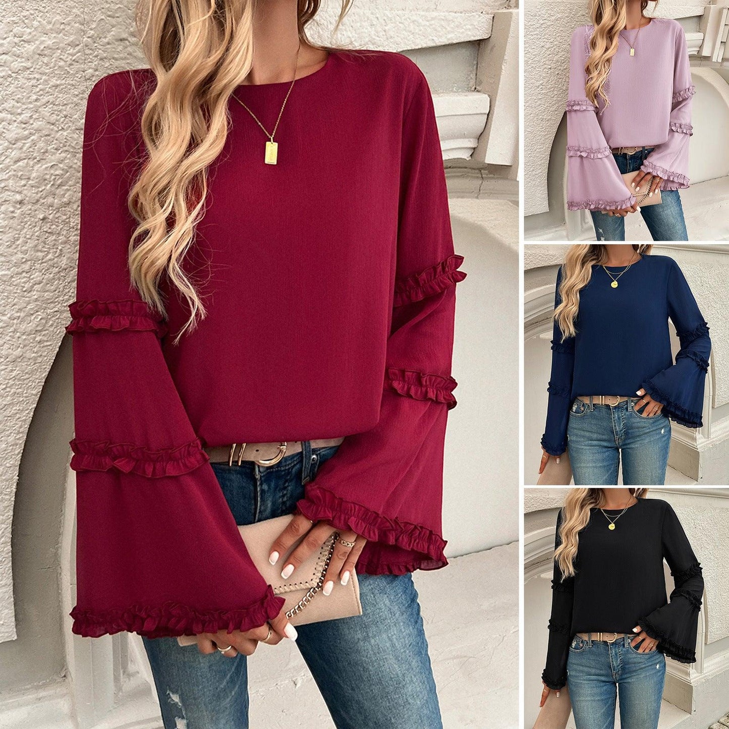 Elegant Socialite Trumpet Sleeved Top – Stylish Ruffled Blouse for Trendy Women Country in My Heart