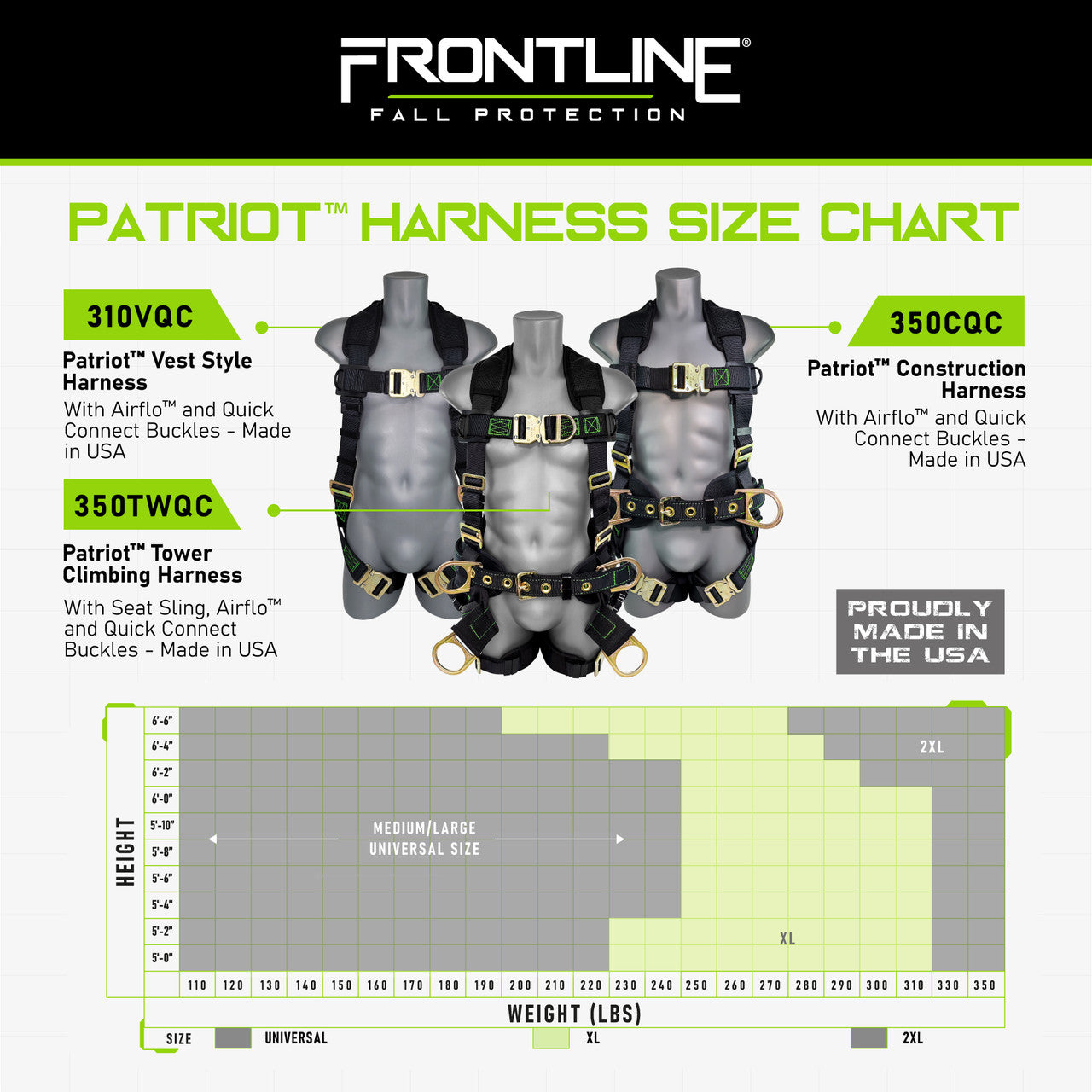 Frontline 310VQC Patriot Vest Style Harness with Airflo and Quick Connect Buckles - Made in USA Universal VM Hardware