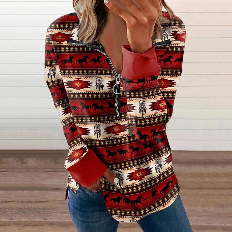 Western Style Zipper Sweater | Cowgirl Chic Pullover with Horse Print Country in My Heart