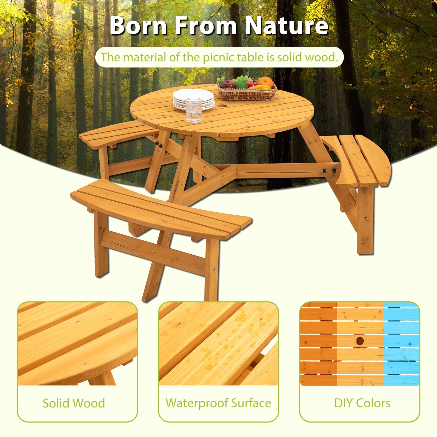 6-Person Circular Outdoor Wooden Picnic Table for Patio, Backyard, Garden, DIY w/ 3 Built-in Benches, 1720lb Capacity - Natural V.I.P Digital Presence