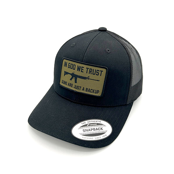 In God We Trust Guns Are Just Backup Woven Patch Hat Shield Republic