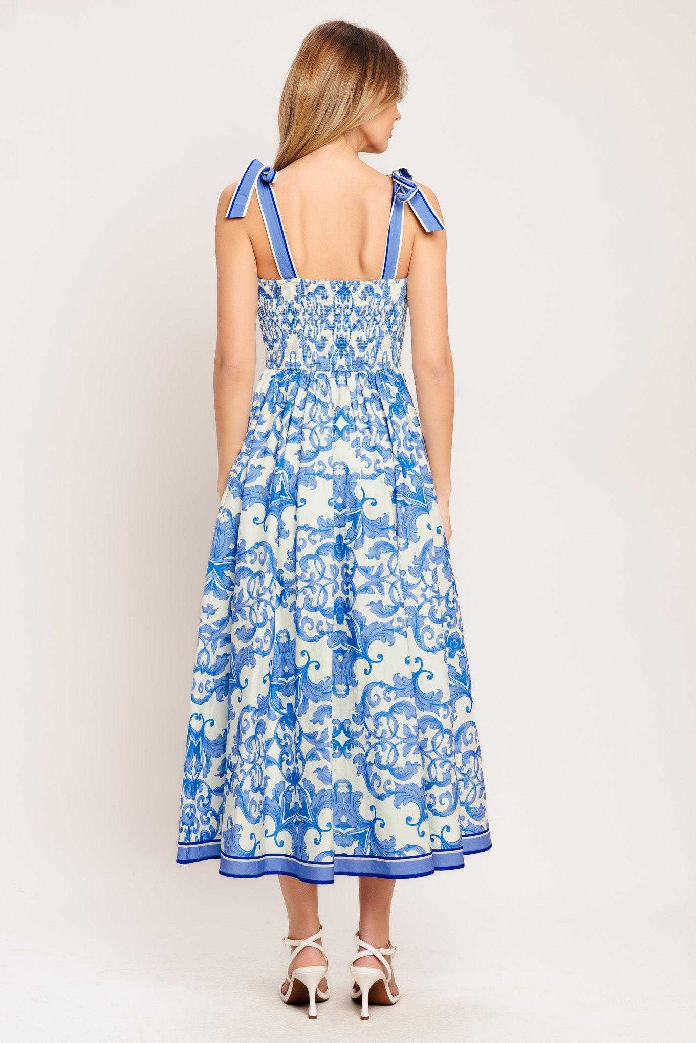 AZURE SCROLL WOVEN MIDI DRESS Flying Tomato