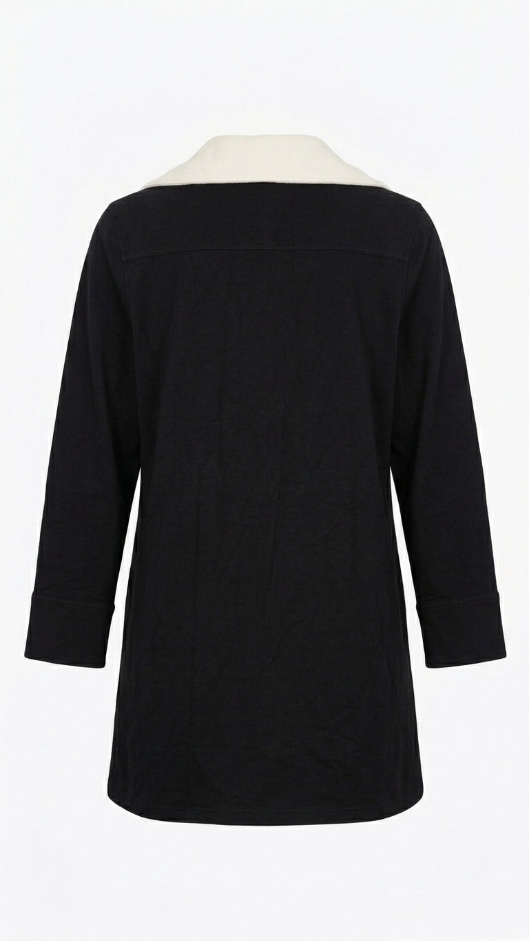 Women’s Black Button Down Shirt White Contrast Collar Tunic-M Tinyloverclothing