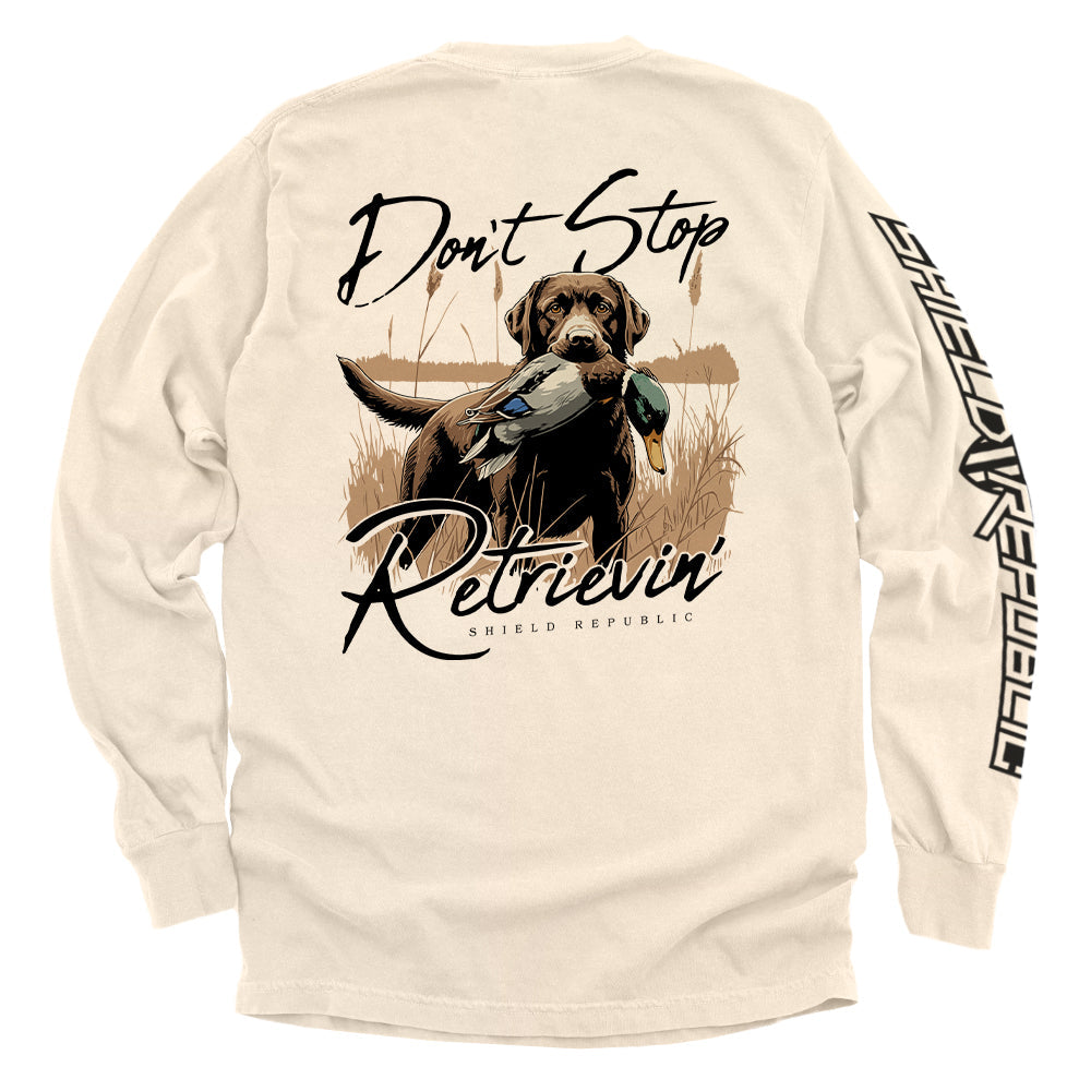 Don't Stop Retrievin' Chocolate Lab Shield Republic