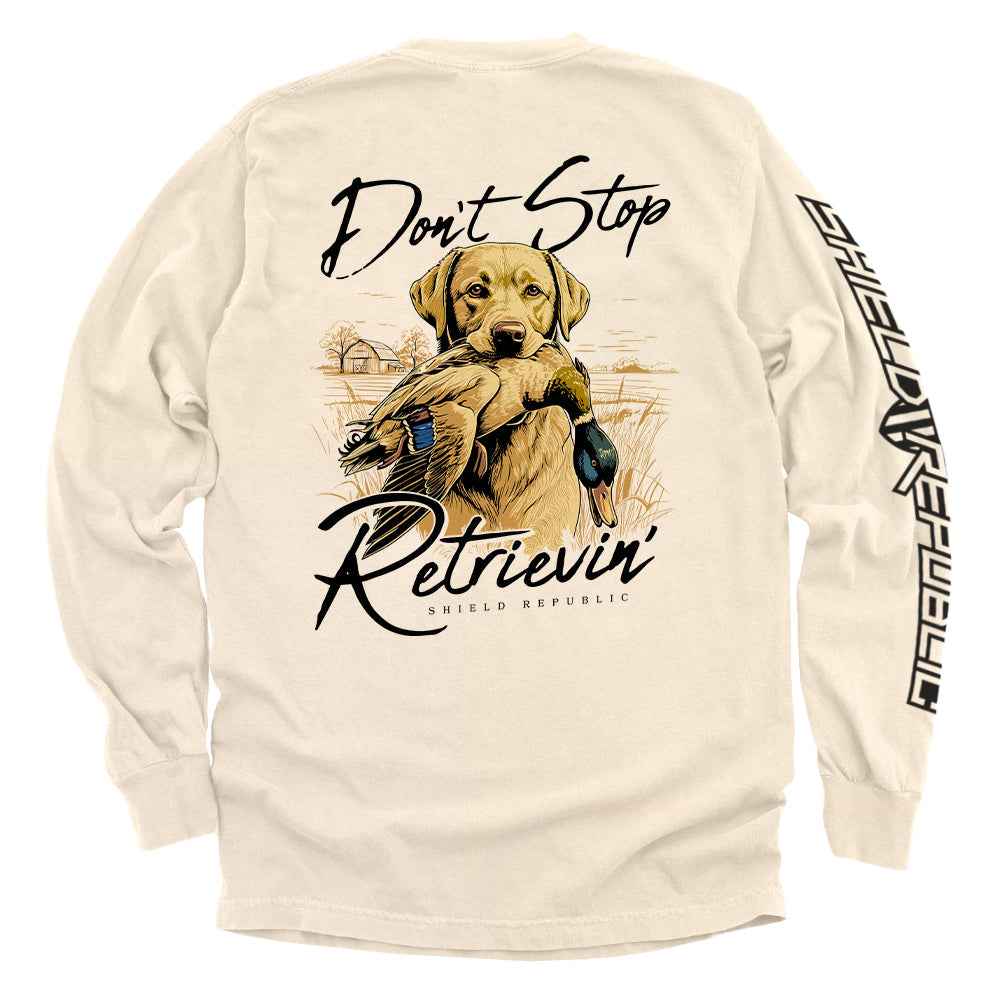 Don't Stop Retrievin Yellow Lab Shield Republic
