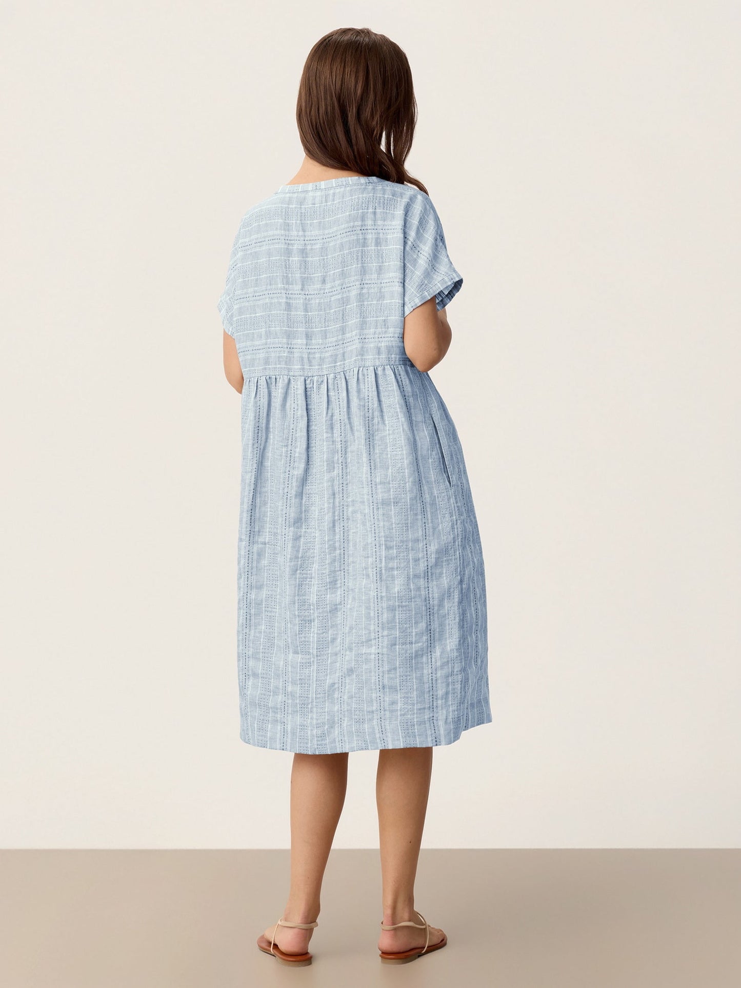 Linen Gathered-Hem Split-Neck Midi Dress SYDNEY LINTICO