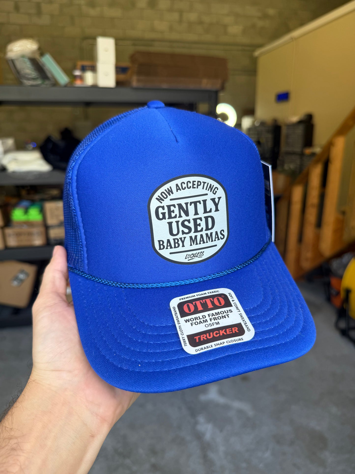 Now Accepting Gently Used Baby Mamas Trucker Hat Luckless Outfitters