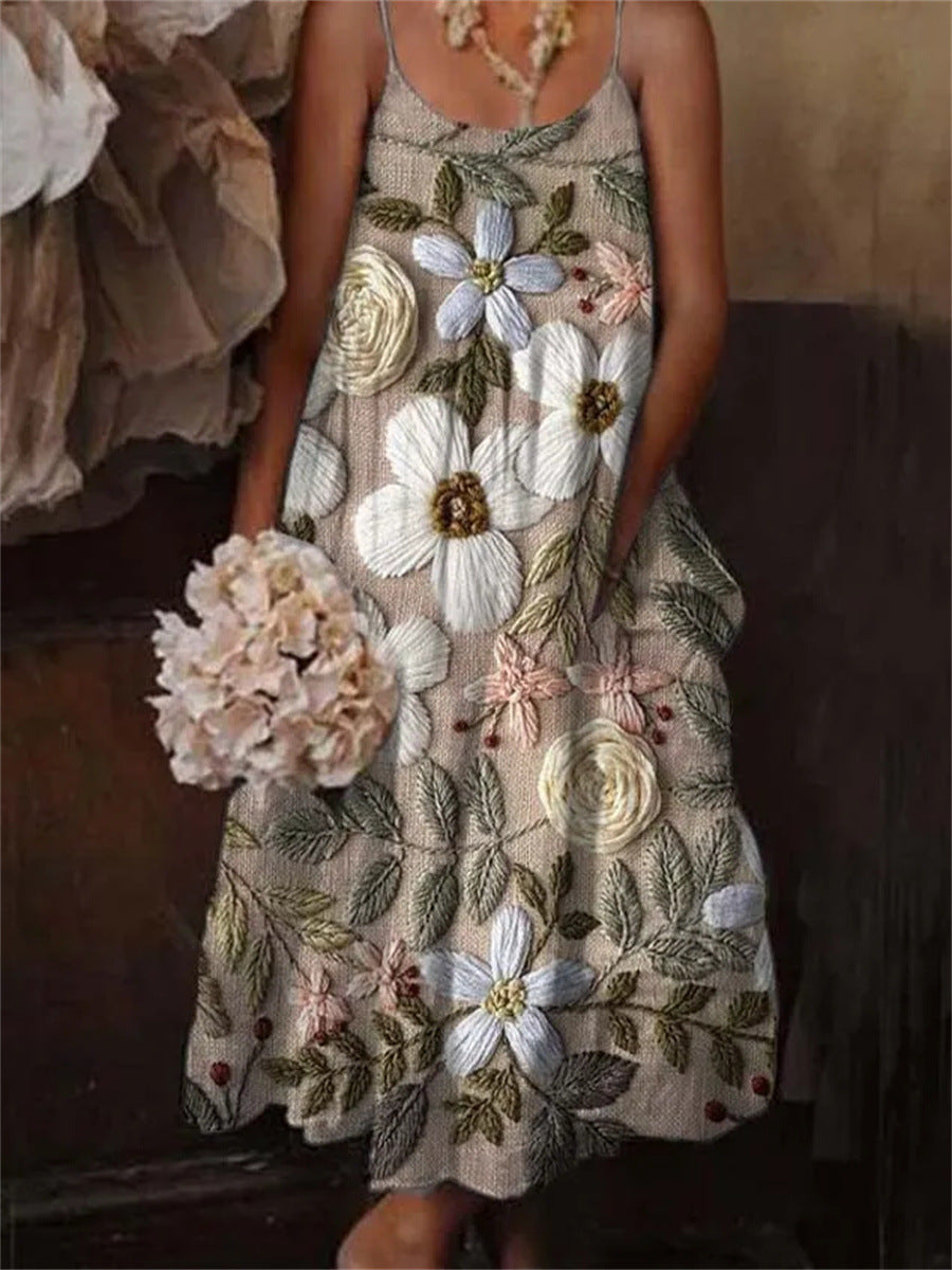๐บ European & American Style Floral Art Print Sling Holiday Dress FitiqueFit